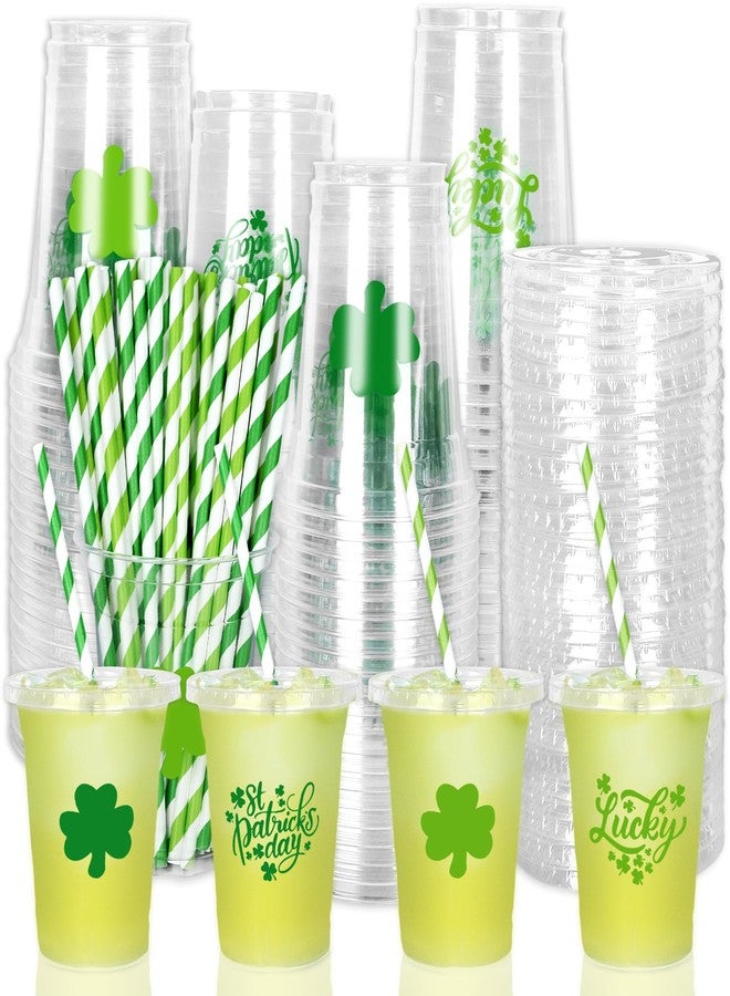 JarThenaAMCS أكواب بلاستيكية للاستخدام مرة واحدة من JarThenaAMCS، 50 قطعة، مع أغطية وماصات، سعة 12 أونصة، بتصميم زهرة البرسيم المحظوظة، أكواب مشروبات خضراء بنقشة نبات النفل، مثالية للاحتفالات الأيرلندية وحفلات الزفاف وأعياد الميلاد. - Image 1